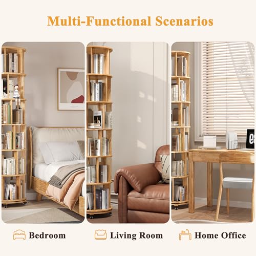 6 Tier Rotating Bookshelf Tower with Swivel Wheels, Solid Wood, Walnut B588