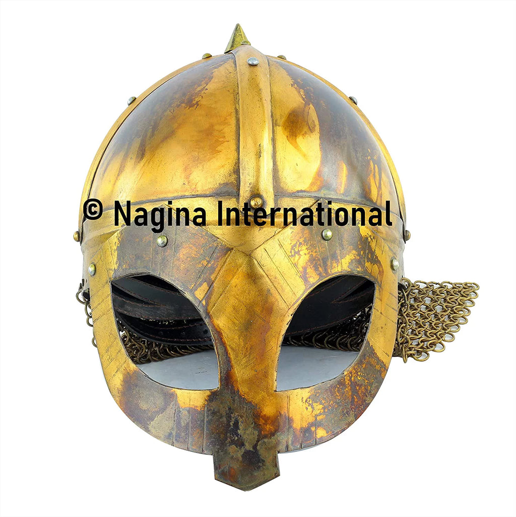 Panda Style Steel Silver Helmet Chain Mail Medieval Warrior Wearable Armor Roman Trojan Knight Spartan LARP Costume Viking Norse Spectacle Helmet Antique Brass P44765
