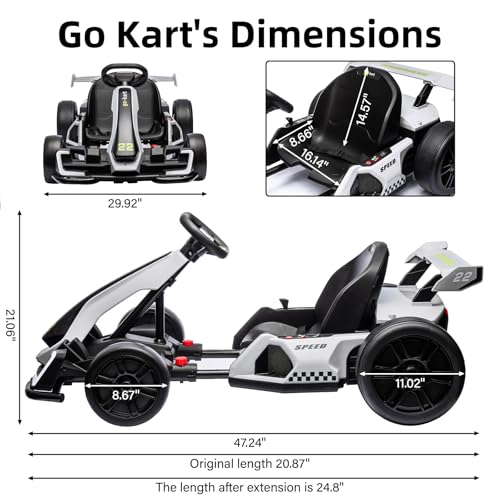 24V Kids Go Kart 300W Electric Drift Kart Car with Adjustable Seat, White X99654