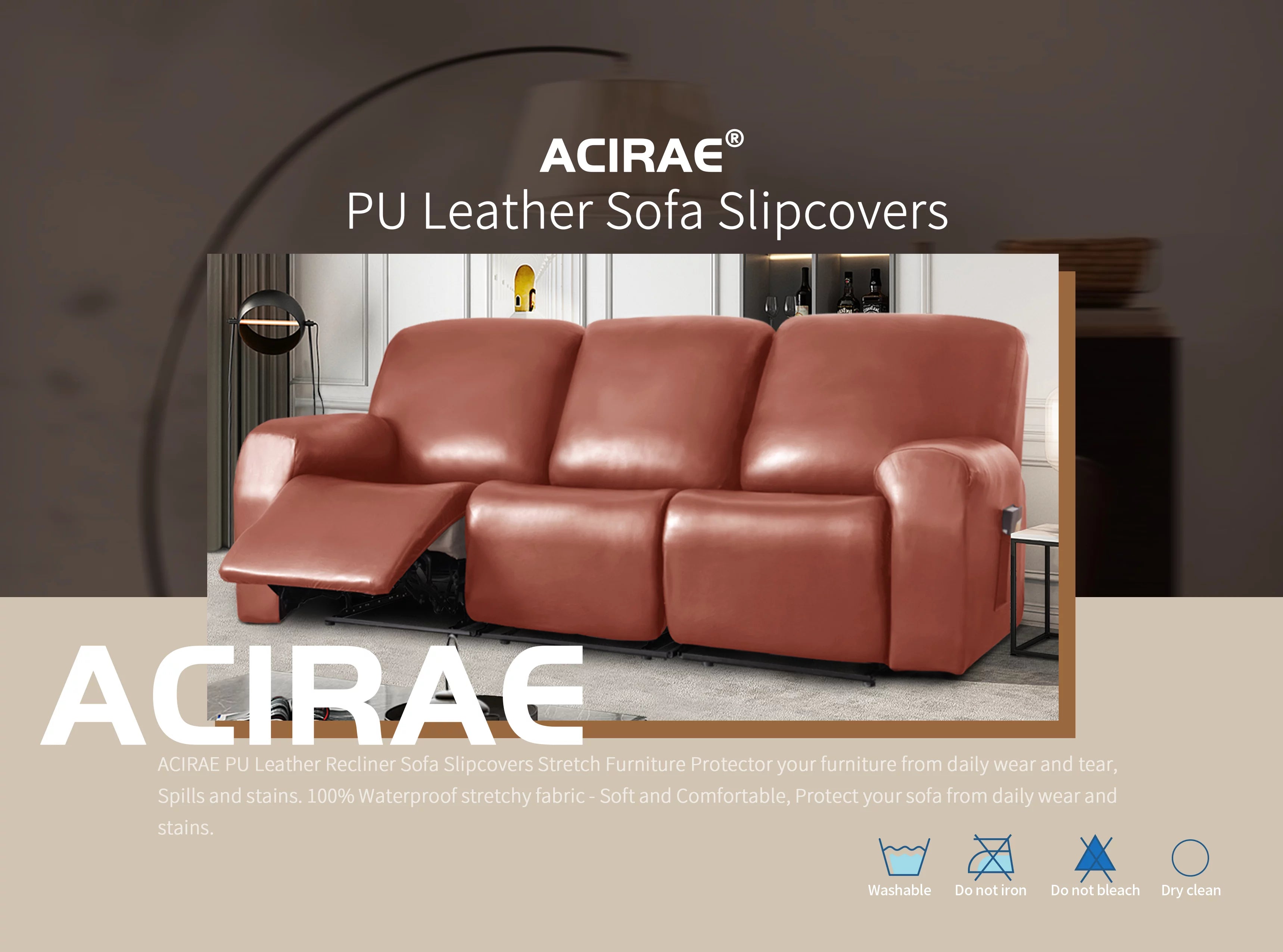 PU Leather Recliner Chair Cover 4-Pieces Waterproof Stretch with Pockets, 1 Seater, Black T9863