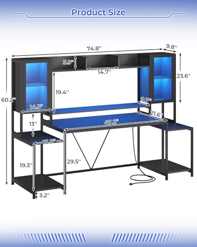 SEDETA Gaming Desk 74.8'' with LED Lights, Hutch and Storage Shelves, White W26827