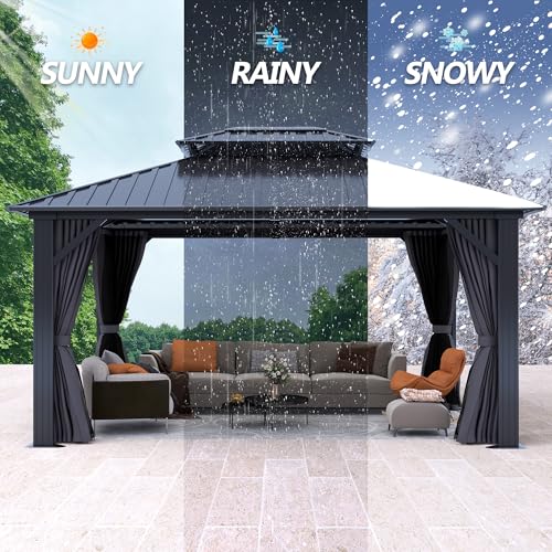 12'x12' Hardtop Gazebo with Galvanized Steel Roof, Aluminum Frame, Curtains & Netting X81832