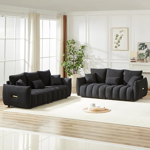 Teddy Cloud Sofa Couch, Boucle 3 Seater with 3 Pillows, Black T90422