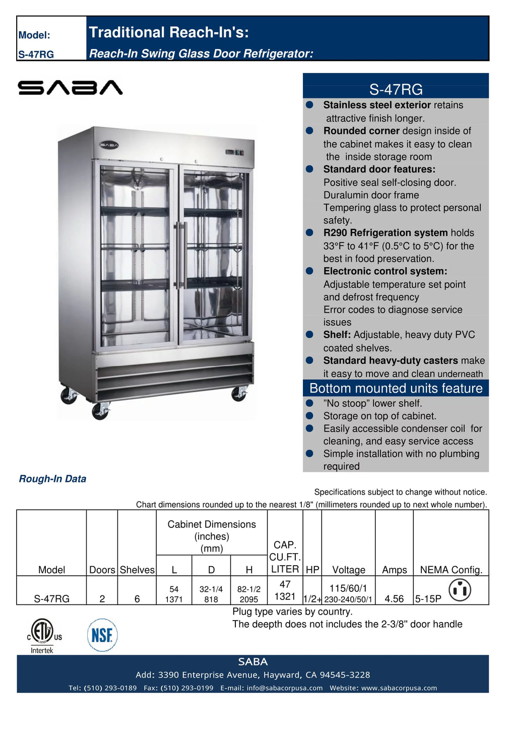 Commercial Stainless Steel 47 cu ft Glass Door Reach-In Refrigerator 2 Door E412