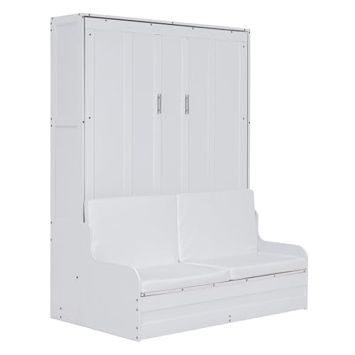 Merax Queen Murphy Bed Wall Bed with Sofa and Cushion, White V57291