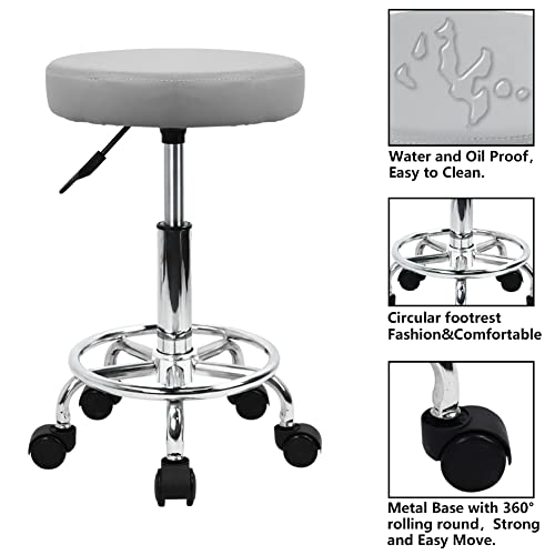 KKTONER PU Leather Round Rolling Stool with Foot Rest Swivel Height Adjustment (Pink) Q8561