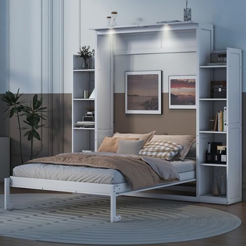Merax Queen Size Wood Murphy Bed with LED Lights and Shelves, Grey K26344