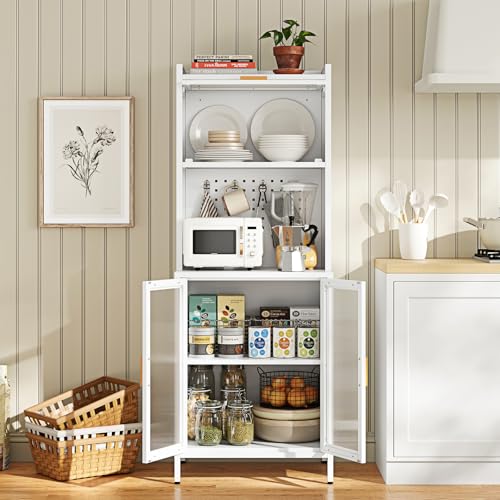 Letaya Kitchen Pantry Cabinet with Storage, Tall Bakers Rack, White R80833