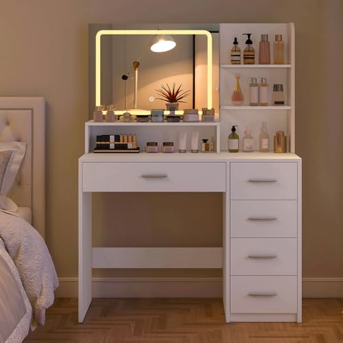Quimoo Makeup Vanity Desk with Mirror & Lights, 5 Drawers, White Y954