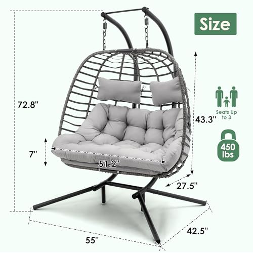 Double Egg Swing Chair with Stand, Rattan Wicker, UV Resistant Cushion, Metal Frame N439669