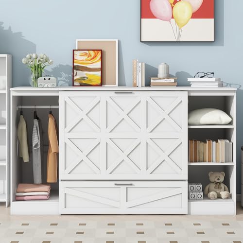 Twin Size Murphy Bed with Storage Shelves and Wardrobe, White X929