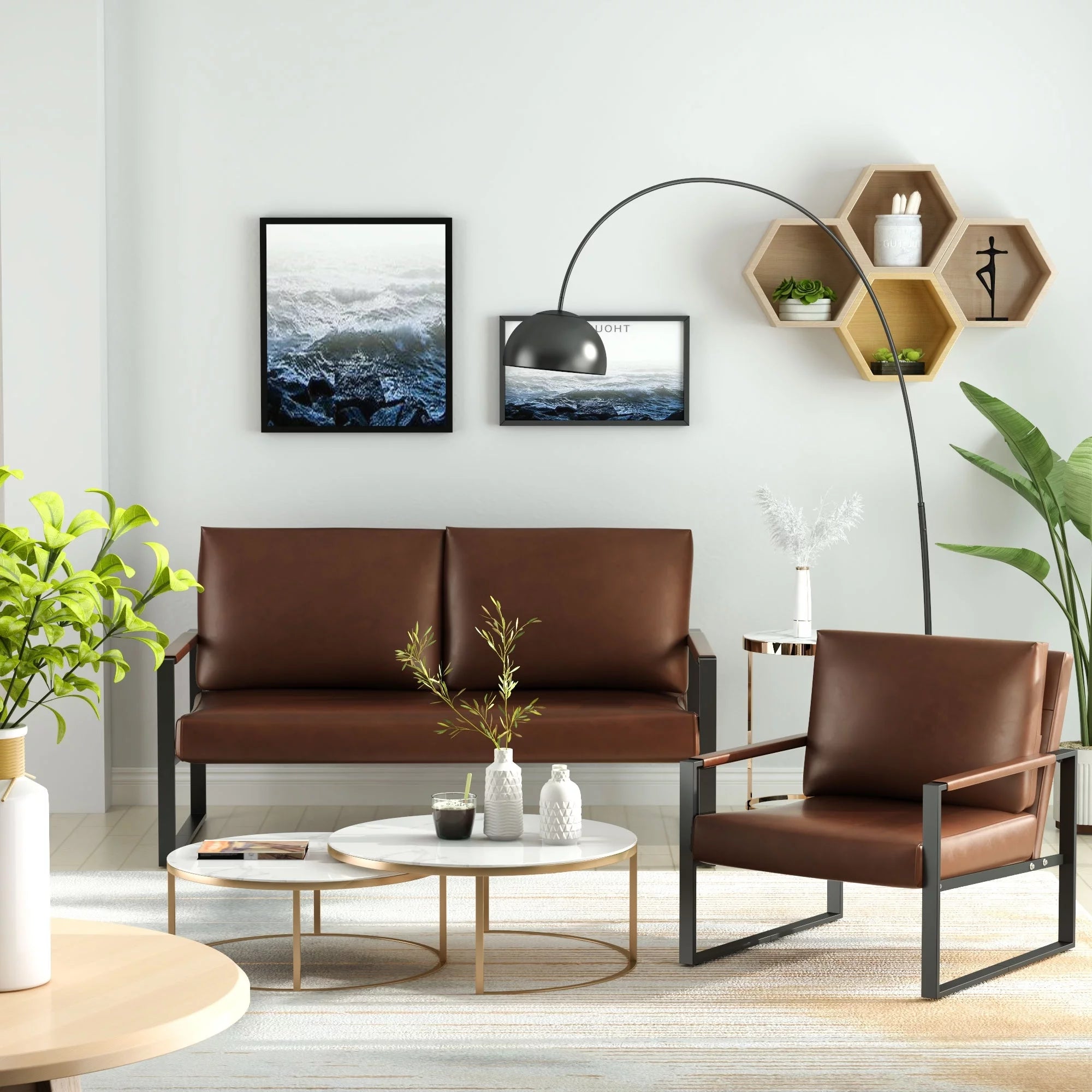 Mieres Mid-Century 3-Piece PU Leather Sofa Set Gray U29696