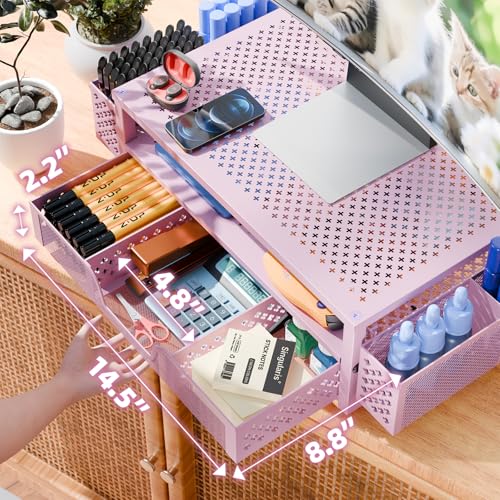 Simple Trending 2 Tier Metal Monitor Stand with Drawer and Pen Holder R17754