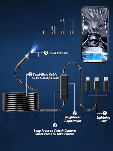 Dual-Lens 1920P HD Endoscope Camera with Light, IP67 Waterproof, 16.4ft for iOS & Android M65854