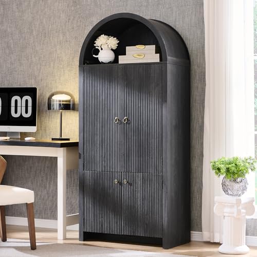 71" Tall Arched Kitchen Pantry, Modern Fluted Wood Storage Cabinet with Doors A419441