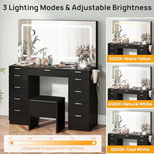 Farmhouse Vanity Desk with Lighted Mirror & Stool, 8 Shelves, 5 Drawers L80251