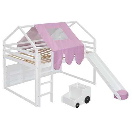 Harper & Bright Designs Kids Twin Low Loft Bed with Slide, Storage Shelves & Stairs, White/Pink C414827