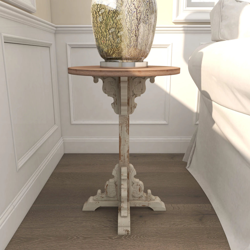 DecMode 16" x 23" White Wood Carved Scroll Accent Table O977