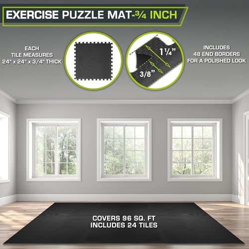 ProsourceFit Extra Thick Puzzle Exercise Mat, EVA Foam Interlocking Tiles, Black, 3/4 inch, 24 Tiles Y76691