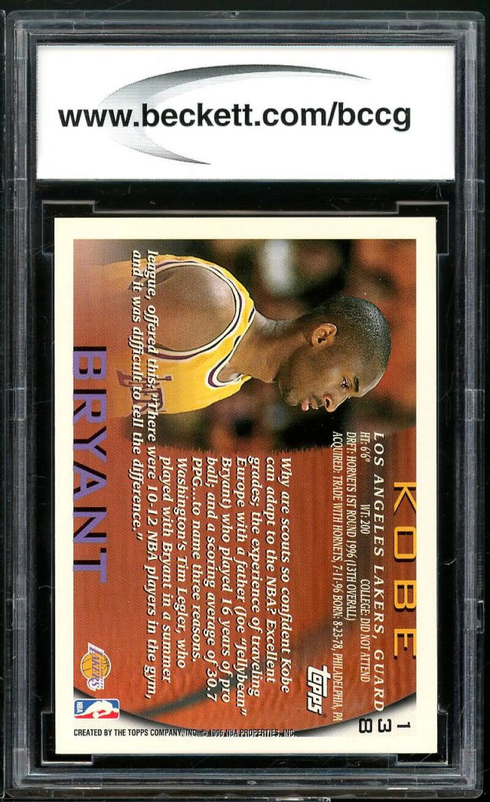 1996-97 Topps #138 Kobe Bryant Rookie Card BGS BCCG 9 Q7569
