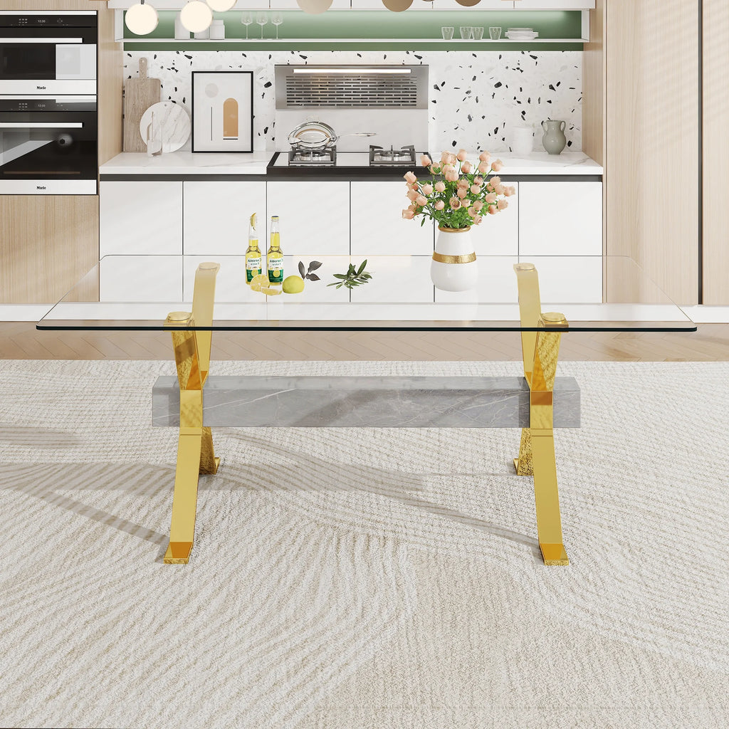 Modern tempered glass rectangular dining table with 6 white PU gold leg chairs V1592