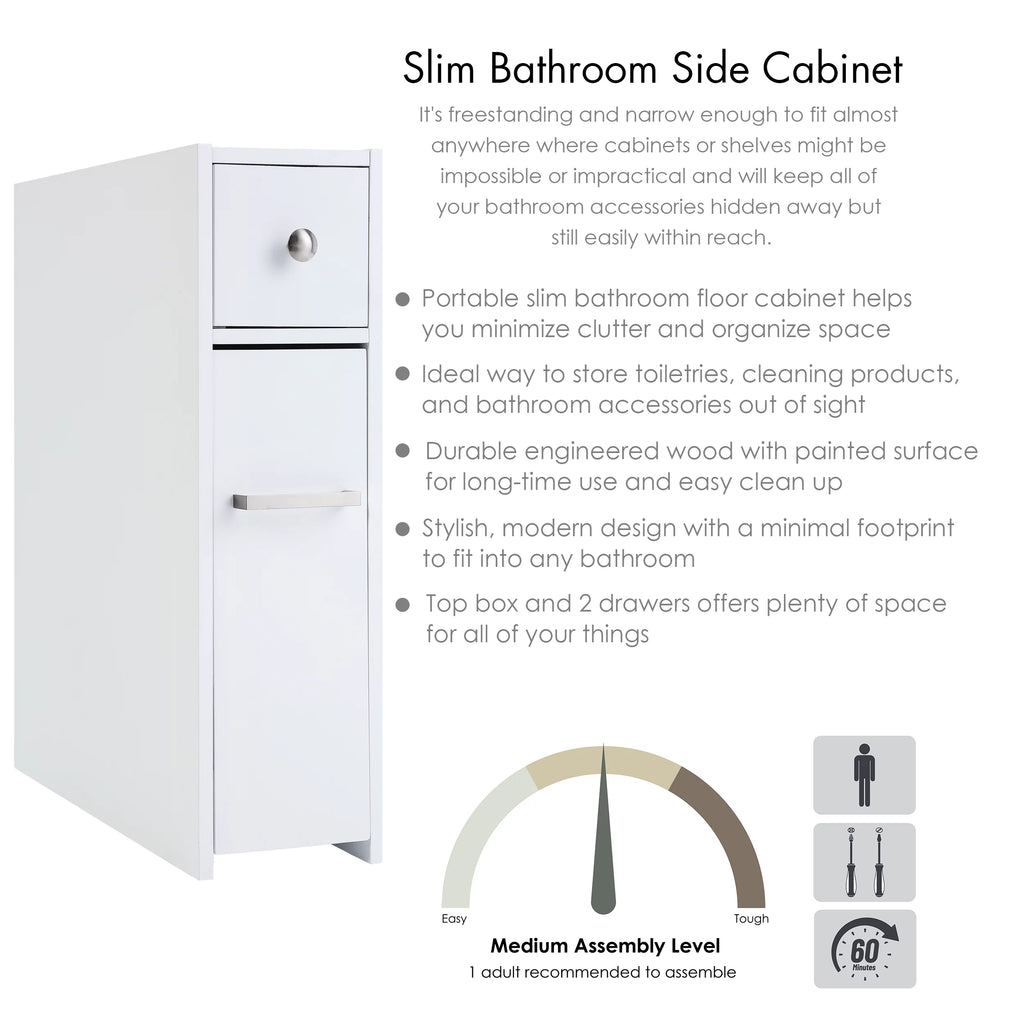 Spirich Home Slim Bathroom Storage Cabinet with Slide Out Drawer, White D910171