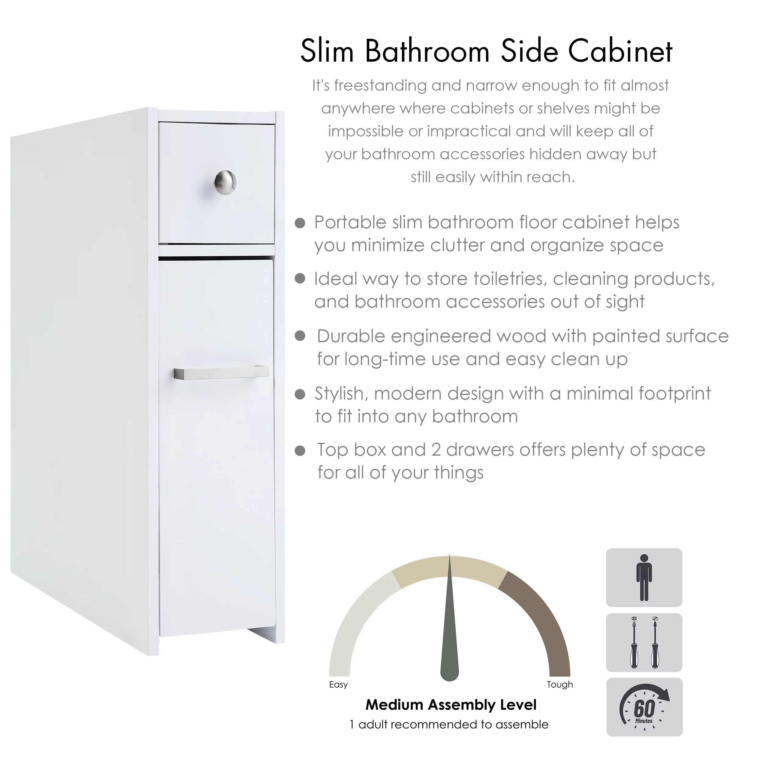 Spirich Home Slim Bathroom Storage Cabinet with Slide Out Drawer, White D910171