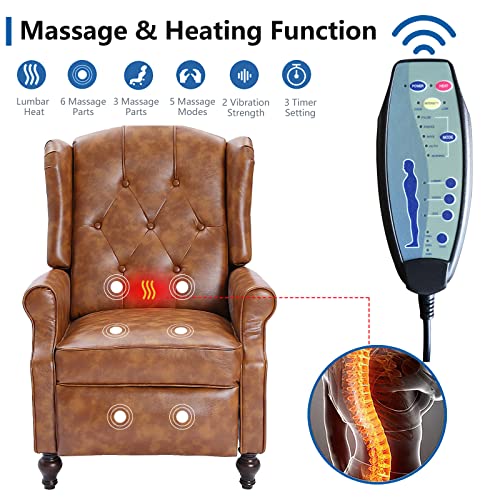Wingback Recliner Chair with Massage and Heat, Tufted Fabric, Wooden Legs D91574