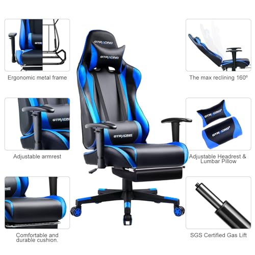 GTRACING Gaming Chair with Footrest, Ergonomic Reclining, Blue C551
