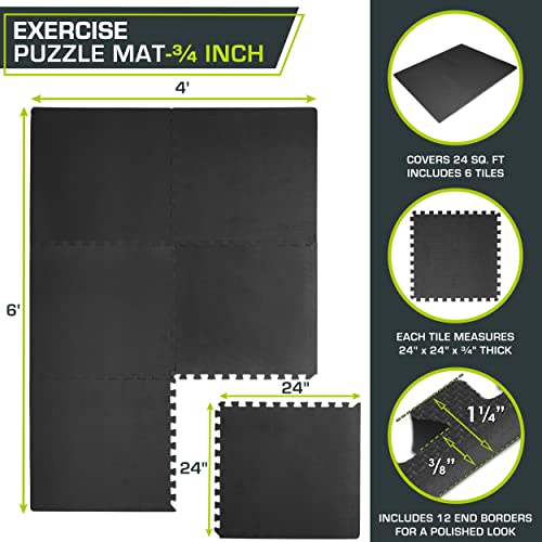ProsourceFit Extra Thick Puzzle Exercise Mat, EVA Foam Interlocking Tiles, Black, 3/4 inch, 24 Tiles Y76691