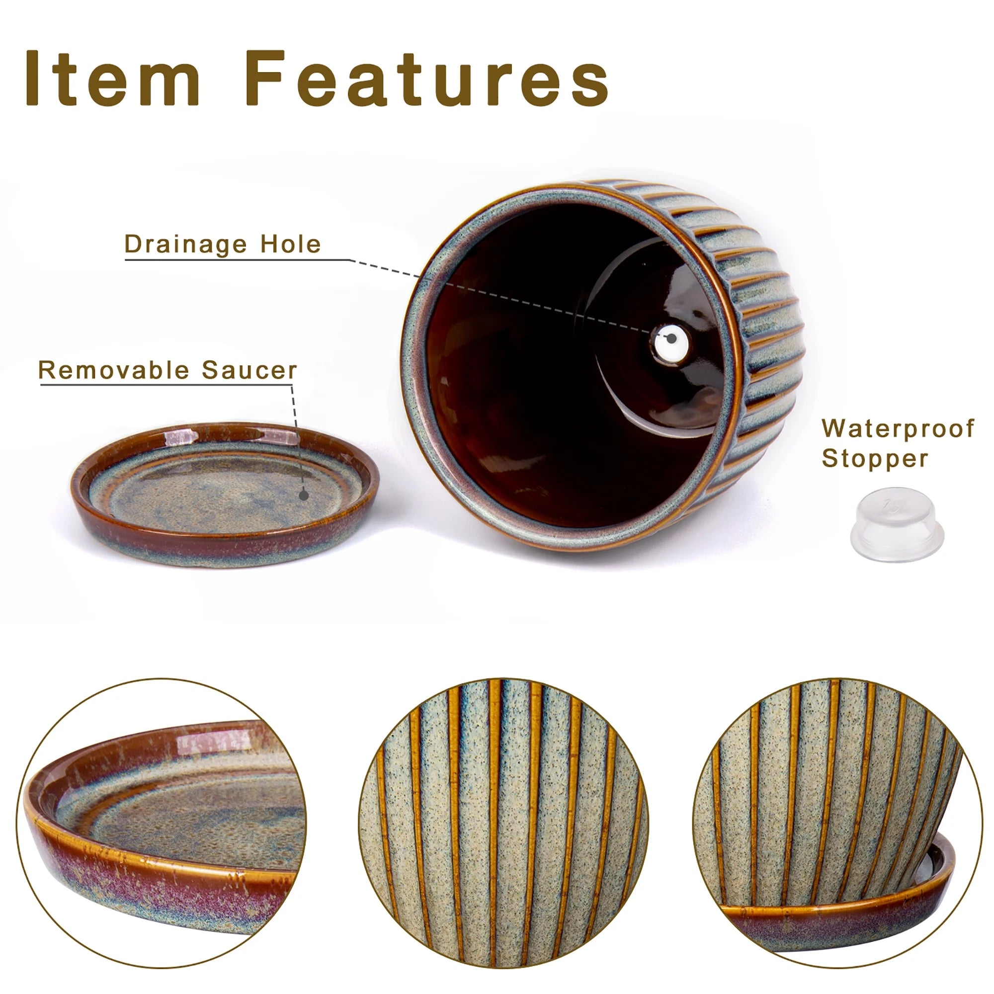 2 Pcs Ceramic Plant Pots with Saucer, 4.9 & 5.7 inch, Brown A251