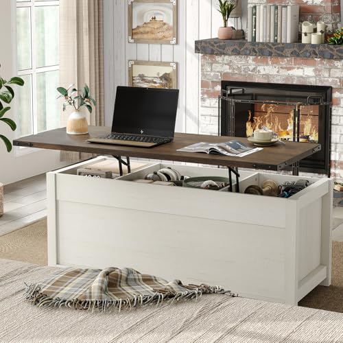47.3" Lift Top Coffee Table with Storage and Barn Doors, White and Grey I616078