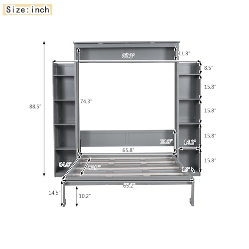 Merax Queen Size Wood Murphy Bed with LED Lights and Shelves, Grey K26344