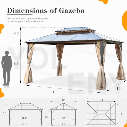 YOLENY 10'x13' Hardtop Gazebo with Aluminum Frame and Curtains F853