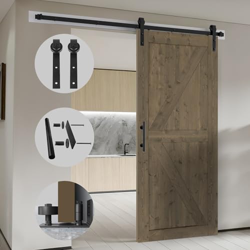 S&Z TOPHAND® 20 in x 84 in Elephant Gray British Brace Knotty Barn Door with 4FT Sliding Hardware Kit G149446