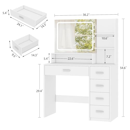 Quimoo Makeup Vanity Desk with Mirror & Lights, 5 Drawers, White Y954