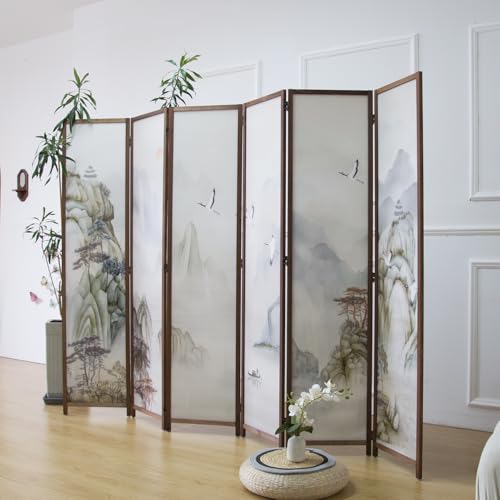 6 Panel Room Divider Screen, Double Faced, Mountain Landscape, 67" H x 94.5" W B114