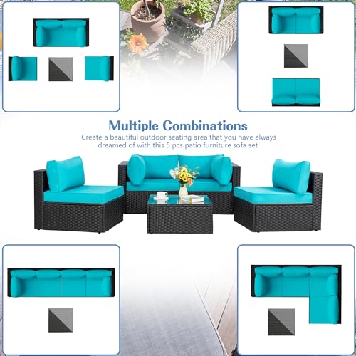 Shintenchi 5-Piece Outdoor Patio Sectional Sofa with Cushions and Glass Coffee Table, Aegean Blue U127322