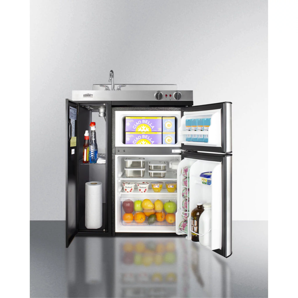 30" all-in-one kitchenette with 2-burner cooktop, fridge, sink, and cabinet W440