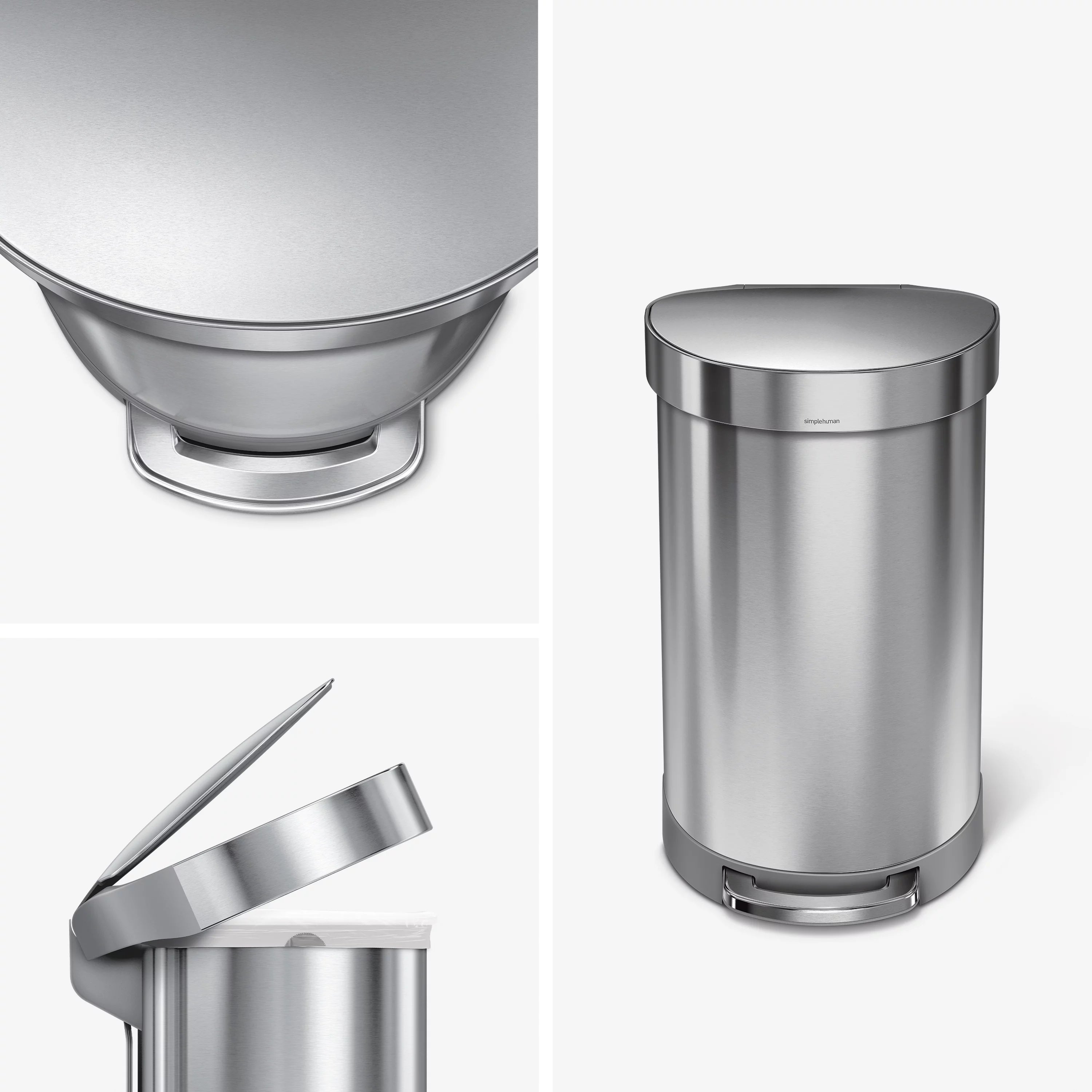 simplehuman 45 Liter Stainless Steel Semi-Round Step Trash Can with Soft-Close Lid T1432