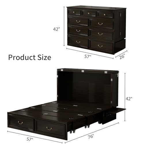 Solid Wood Murphy Bed Cabinet Full with USB Charging Ports and Storage Drawer, Ebony D190415