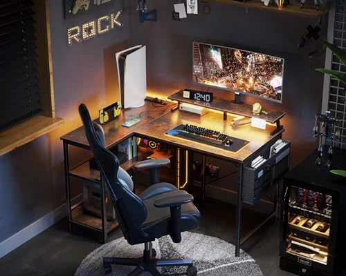 ODK 48 Inch L Shaped Gaming Desk with USB Charging Ports and LED Lights S136