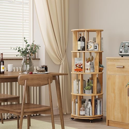 6 Tier Rotating Bookshelf Tower with Swivel Wheels, Solid Wood, Walnut B588