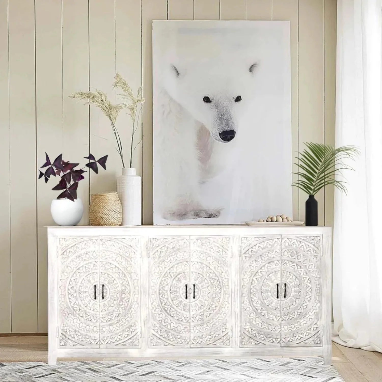 Carved Whitewash Farmhouse Cabinet V5113