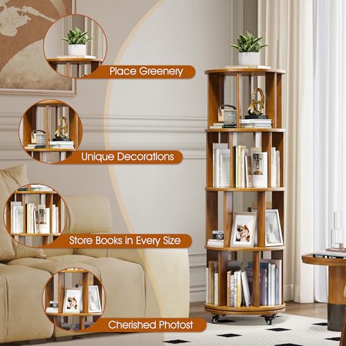 6 Tier Rotating Bookshelf Tower with Swivel Wheels, Solid Wood, Walnut B588
