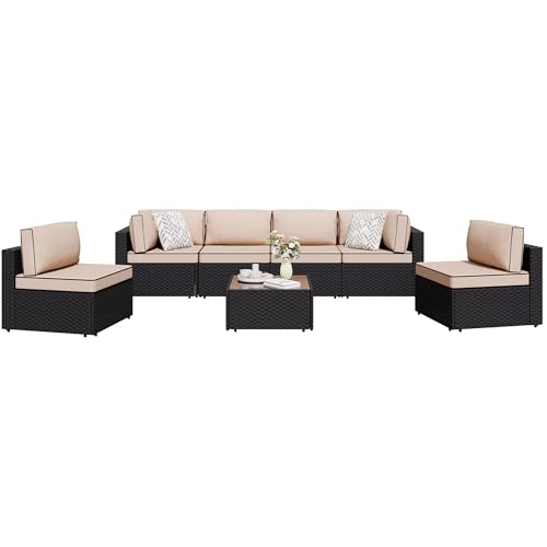 Shintenchi 5-Piece Outdoor Patio Sectional Sofa with Cushions and Glass Coffee Table, Aegean Blue U127322