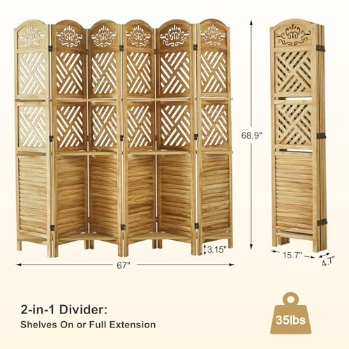 Folding Wood Room Divider with Shelves, 6 Panels, Natural K301