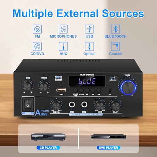 4 Channel Bluetooth 5.0 Stereo Amplifier, 50Wx4 HiFi, Class D Home Audio Receiver with Remote B25174