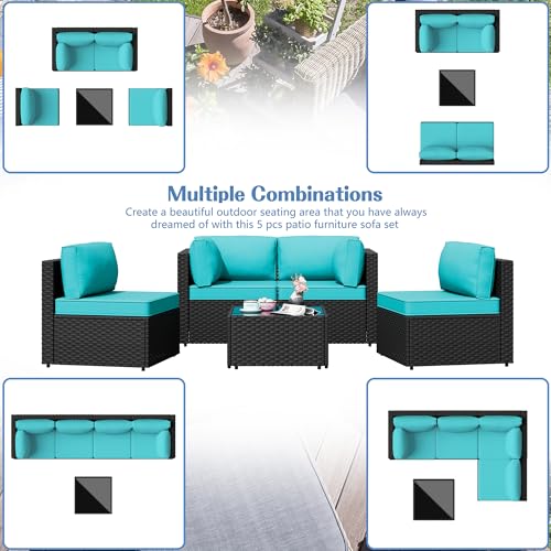 Shintenchi 5-Piece Outdoor Patio Sectional Sofa with Cushions and Glass Coffee Table, Aegean Blue U127322