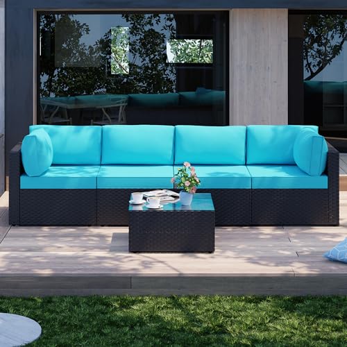 Shintenchi 5-Piece Outdoor Patio Sectional Sofa with Cushions and Glass Coffee Table, Aegean Blue U127322